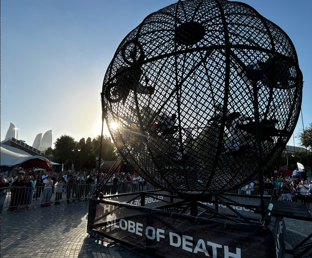 Mega Globe of Death stunt performance at Formula 1 event